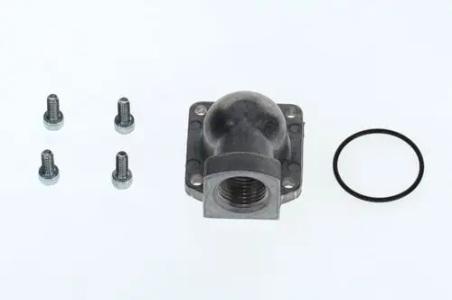 Bosch Winkelflansch aus Metall mit einer geformten Anschlussöffnung, vier Schrauben und einem O-Ring, geeignet für spezifische Anwendungen.